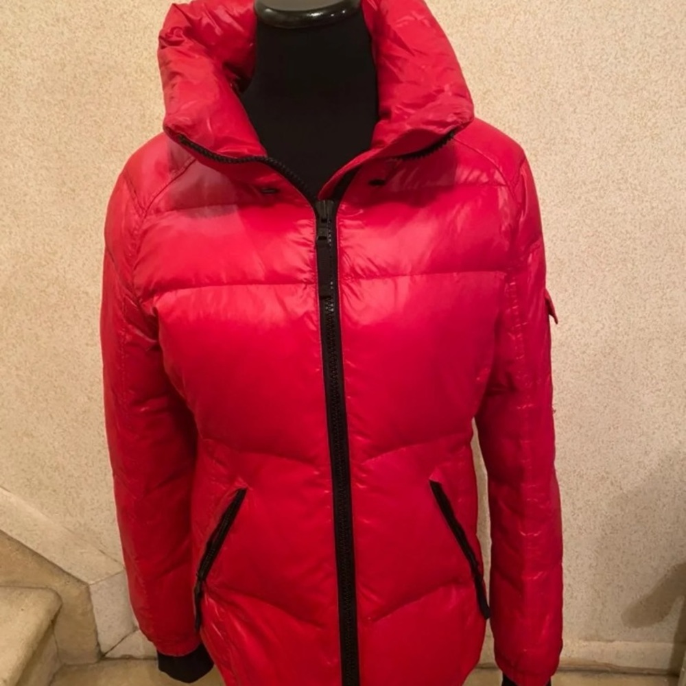 Tie Waist Puffer Parka Jacket - Red
